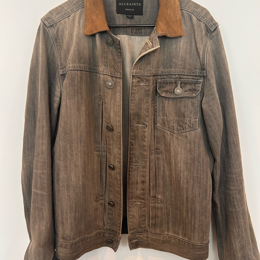 AllSaints Men's Brown Denim Jacket with Suede Collar